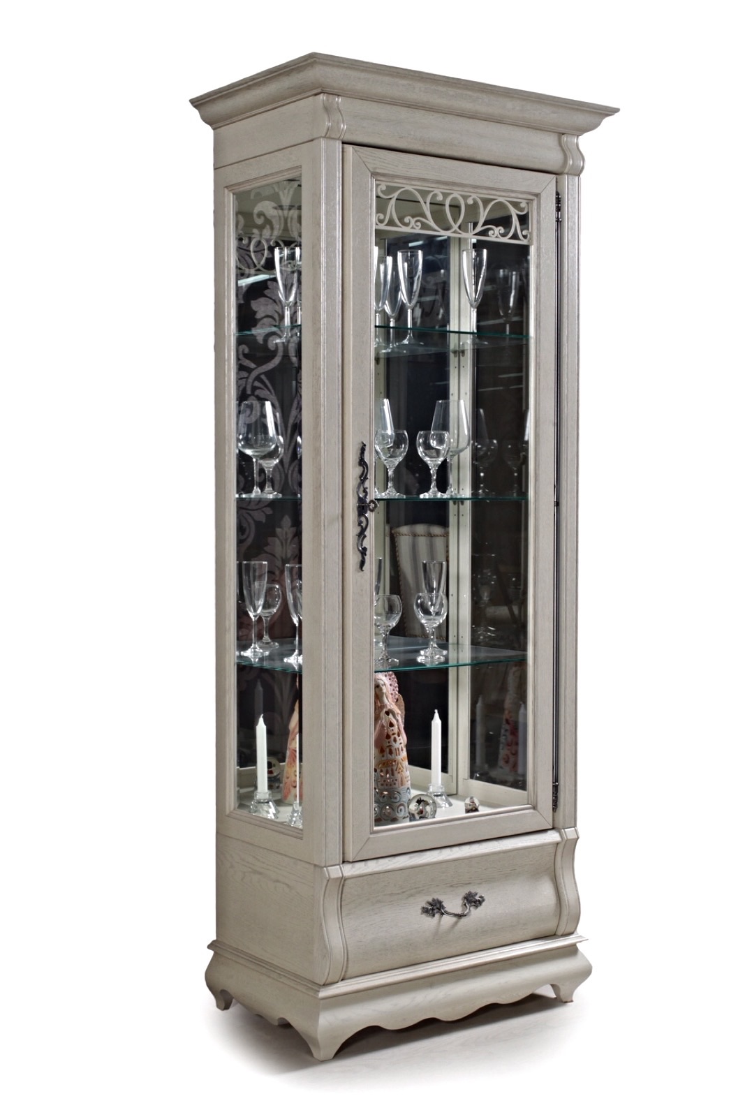 Шкаф с витриной "Оскар" белая эмаль с темной патиной.В НАЛИЧИИ.