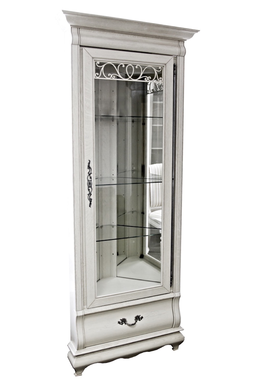 Шкаф с витриной угловой "Оскар" белая эмаль с темной патиной