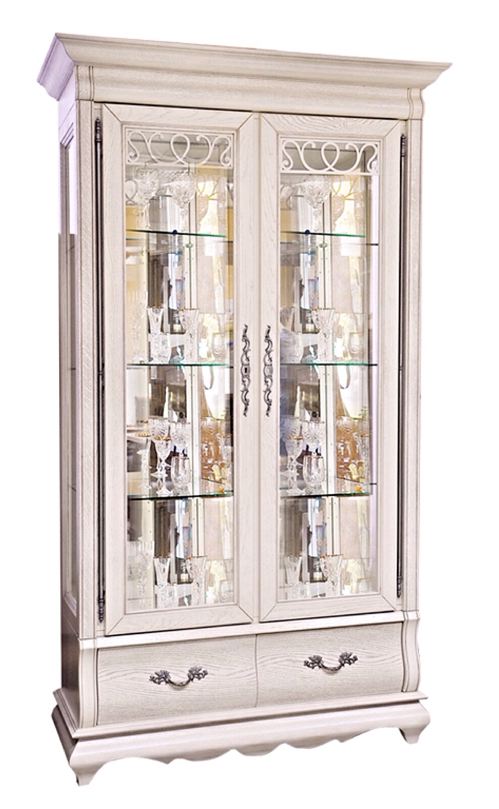 Шкаф с витриной  двухдверный "Оскар" белая эмаль с темной патиной